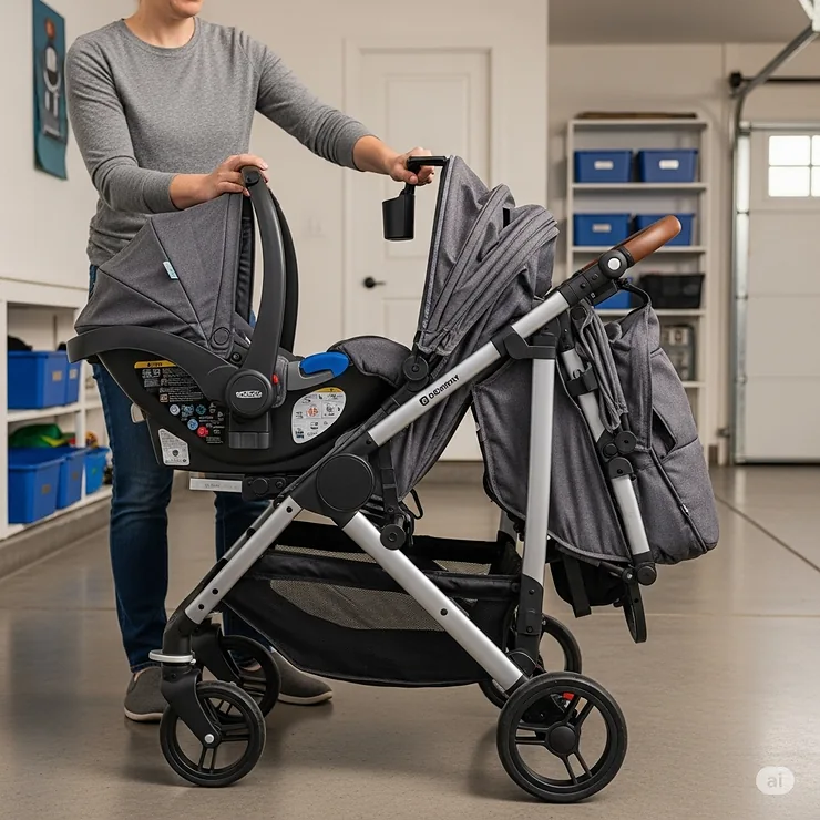 A step-by-step image of how to fold a double stroller for easy storage and transport, even with the car seat attachment in place.