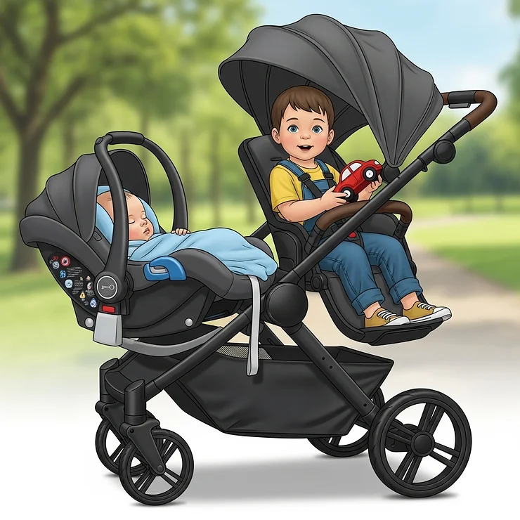 An illustration showing a double stroller comfortably fitting both an infant in a car seat and a toddler in the forward-facing seat.
