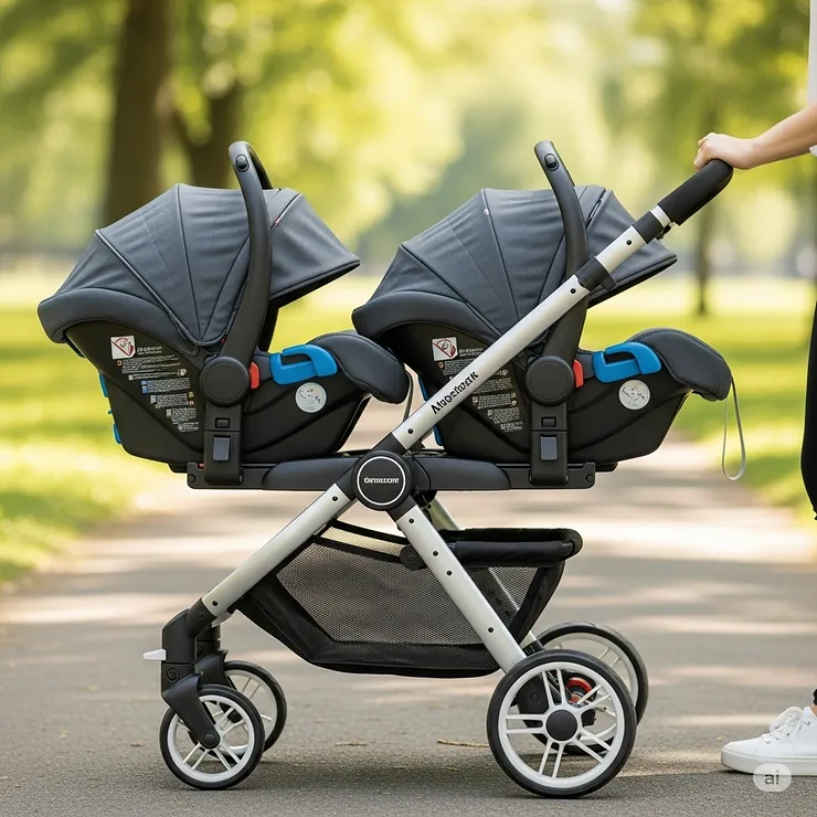 A side view of a travel system for twins, showing a double stroller with two car seats facing the parent.