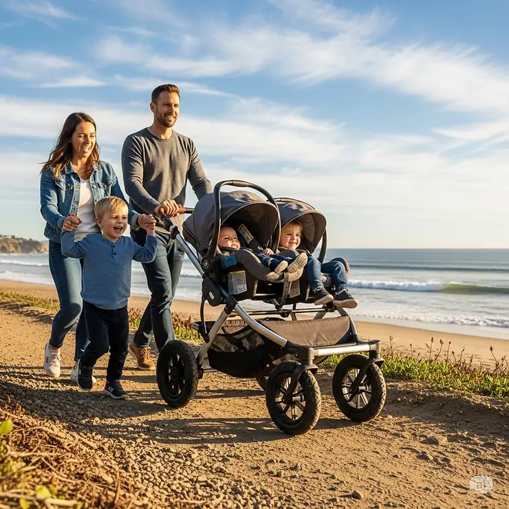 A family pushing a double stroller travel system with all-terrain wheels on a path near the beach, showcasing its suitability for various terrains during travel.