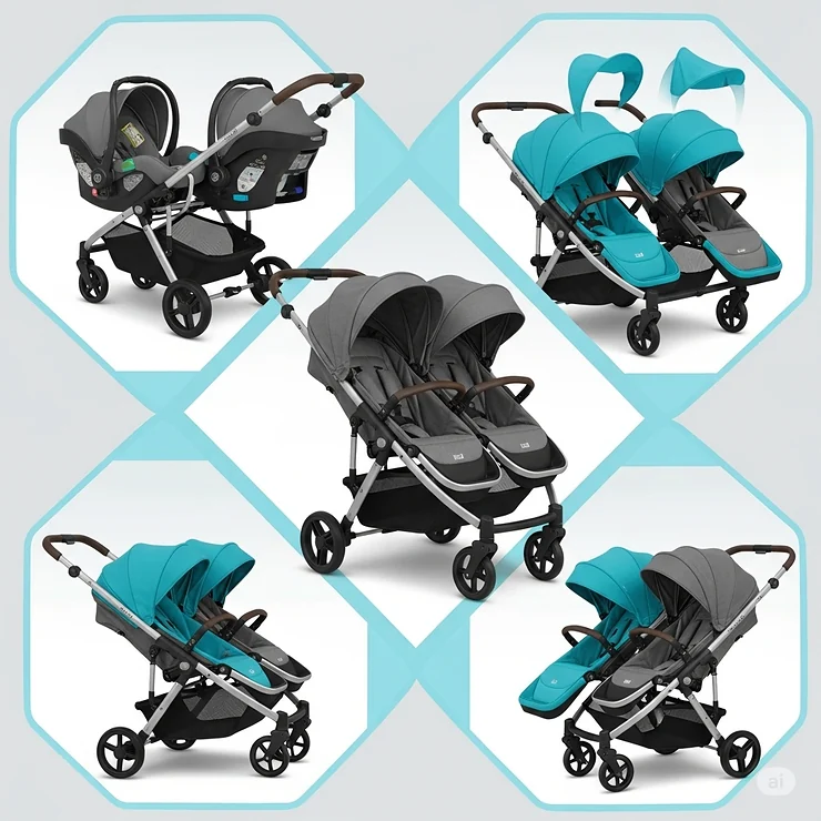 A collage of different seating configurations available with a modular double stroller travel system, including rear-facing, front-facing, and tandem setups.