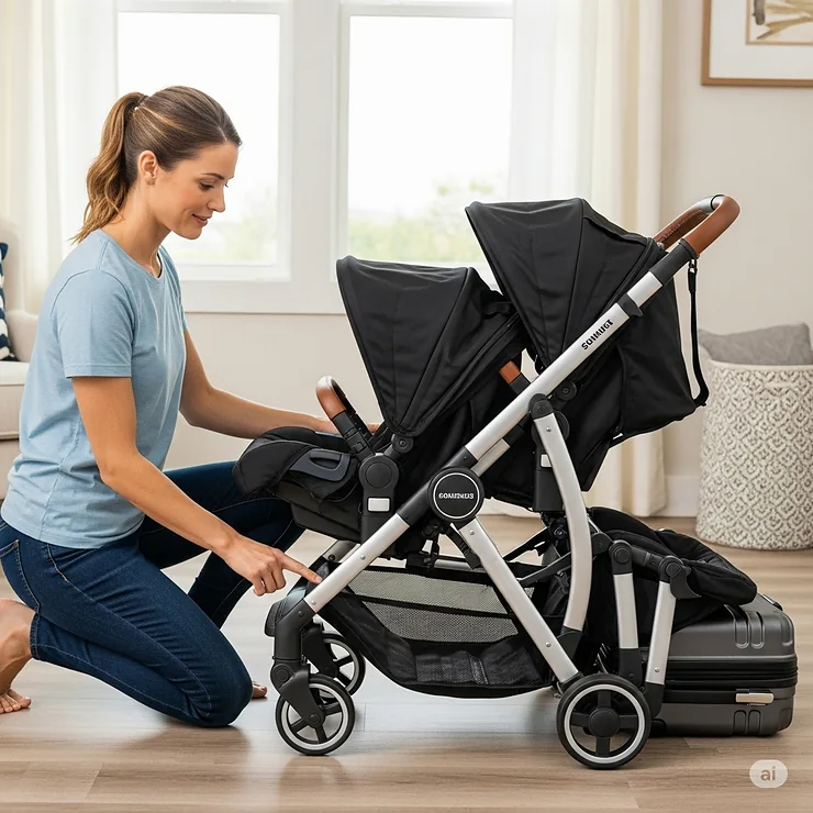 A parent demonstrating how to fold a double stroller travel system into a compact size, emphasizing its convenience for travel and storage.