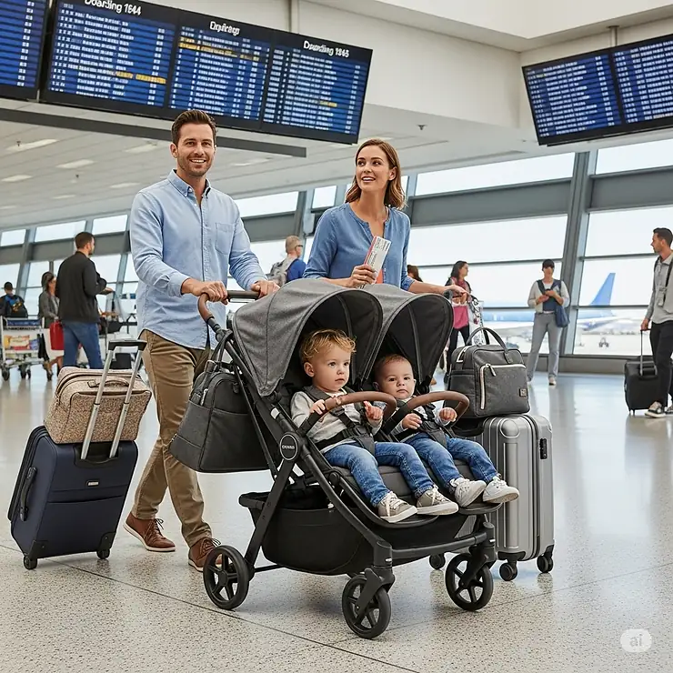 A family navigating an airport with a double stroller travel system, showcasing its practicality and ease of use for air travel.