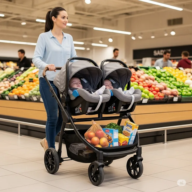 A parent using a double stroller travel system while shopping, highlighting the ample storage basket and maneuverability in a store setting.