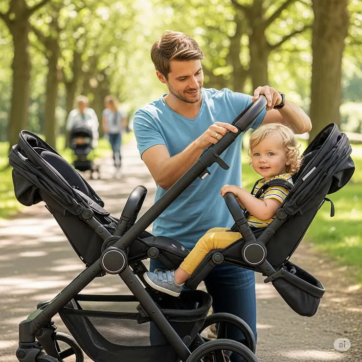 A parent easily adjusting the seat of a double stroller travel system to accommodate a toddler, highlighting its adaptability as children grow.