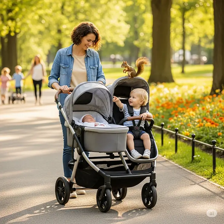 A parent is pushing a double stroller with a bassinet attached for their newborn and a seat for their toddler, showcasing its versatility and convenience.