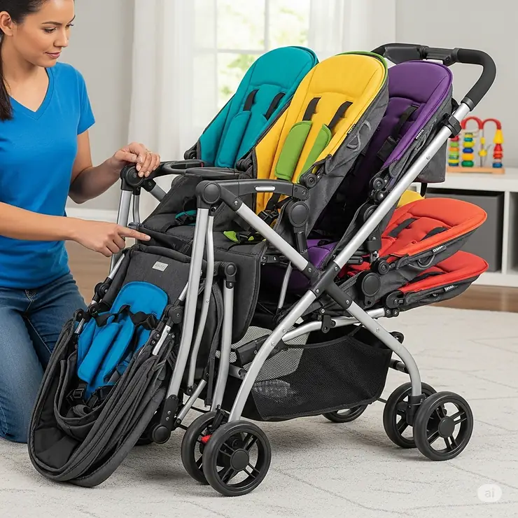 A parent demonstrates the compact folding mechanism of a 6 seater stroller, showing how it can be easily stored or transported.