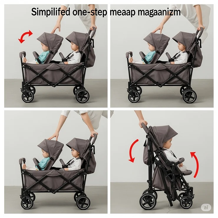 A sequence of images showing the easy, one-step folding mechanism of a compact wagon stroller for two.