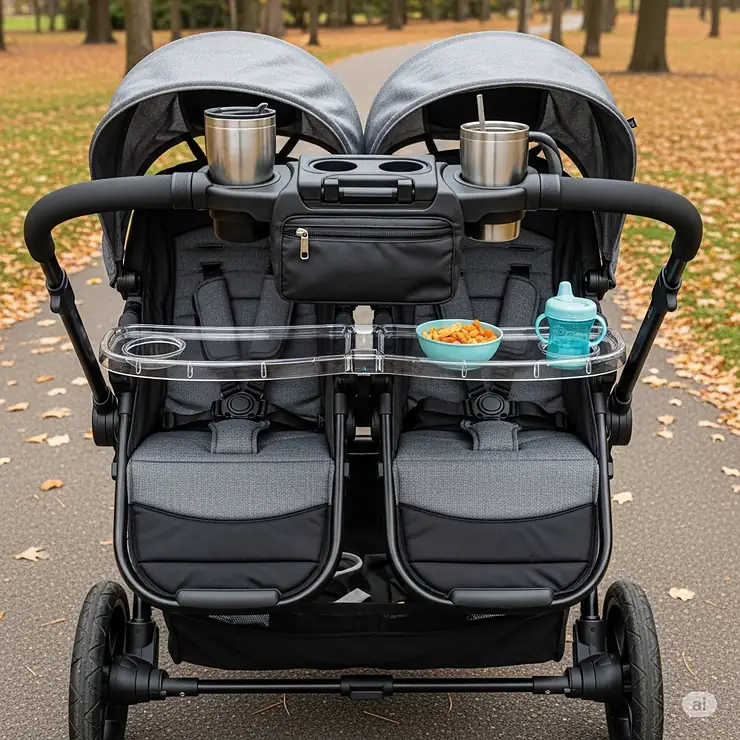A double stroller with optional accessories, including a parent console with cup holders and a snack tray for kids.