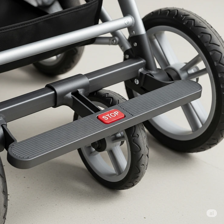A foot-activated brake pedal on the rear axle of an indie twin stroller, ensuring a secure and simple-to-use parking brake.