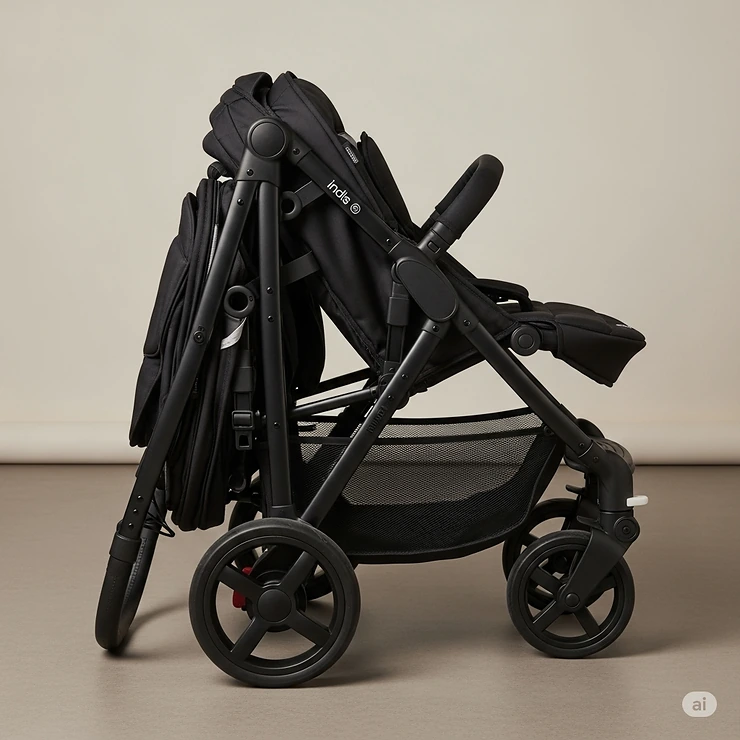 A BOB Indie Twin stroller shown in its compact, folded state, demonstrating how it fits easily into a car trunk.