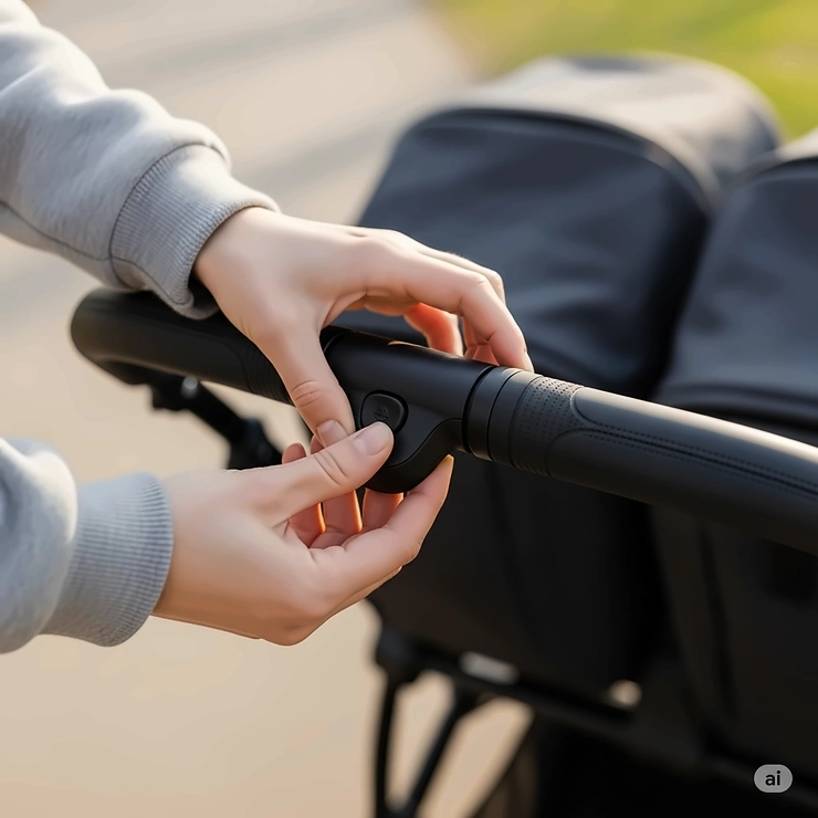 A parent's hands adjusting the ergonomic, height-adjustable handlebar of a twin stroller, illustrating comfort and control.