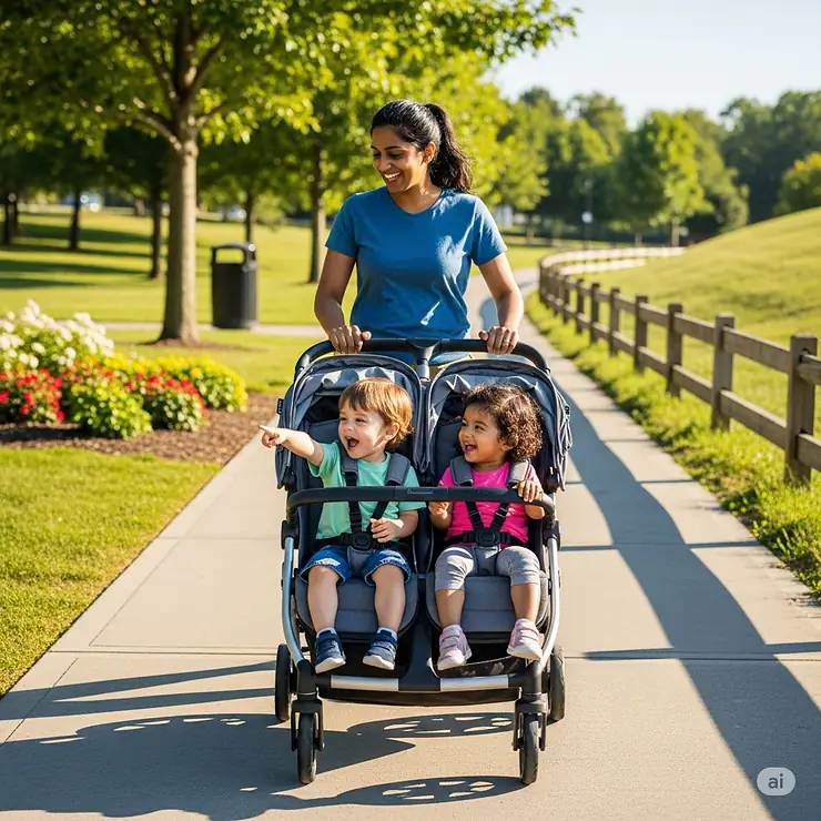 A smiling parent pushing an indie twin stroller with two happy children on a paved walking path, demonstrating ease of use and maneuverability.
