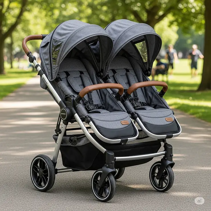 Two individual, fully reclining seats on a double stroller, showing the adjustable straps and UPF 50+ canopies providing shade.