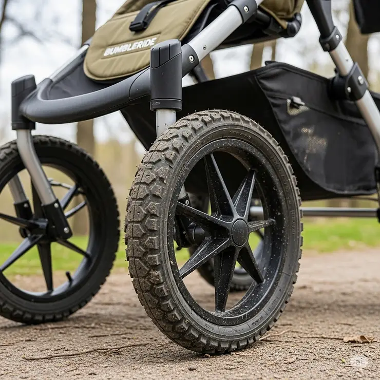 A close-up shot of the air-filled, all-terrain rubber wheels on an indie twin stroller, designed for smooth rides on various surfaces like trails and grass.