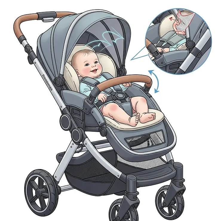 Illustration highlighting the ergonomic design and comfortable seating for an infant in a parent-facing stroller.