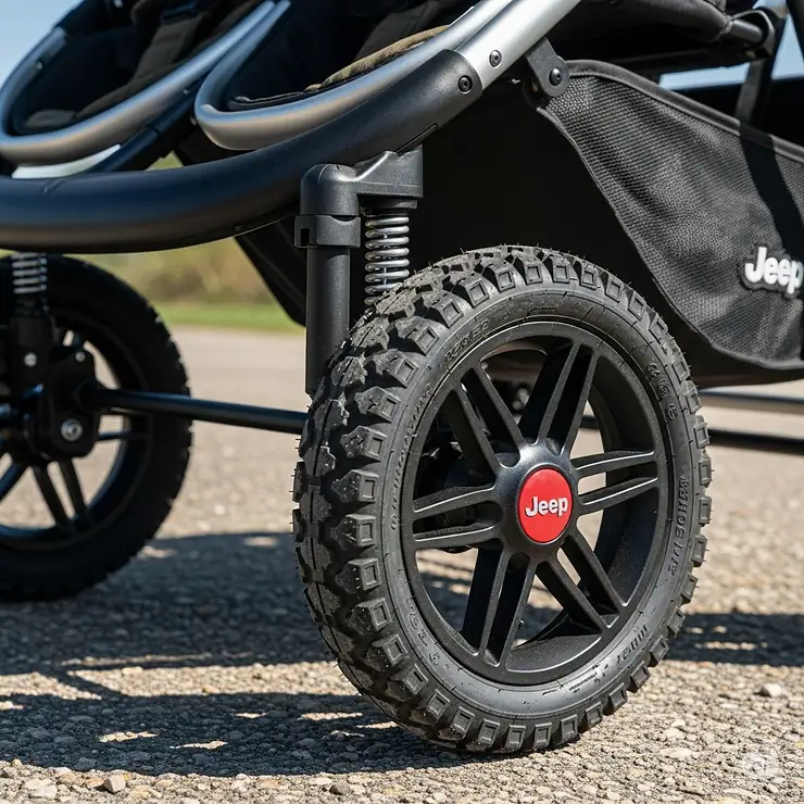 Close-up of the durable, all-terrain wheels of the Jeep double stroller, highlighting the smooth ride and excellent suspension.