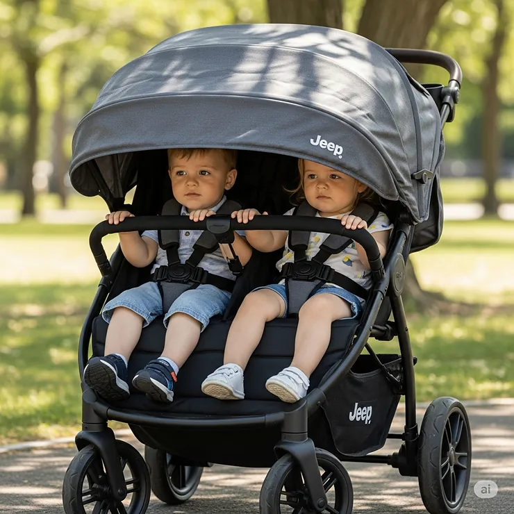 The adjustable, oversized canopy of a Jeep double stroller providing full UV protection for the children inside.