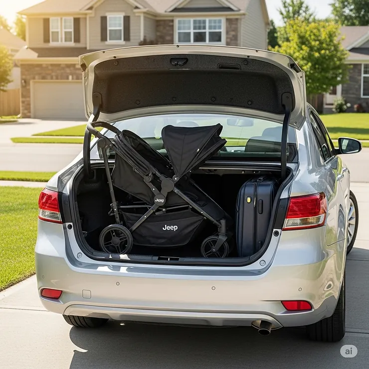 A folded Jeep double stroller easily fitting into the trunk of a family sedan, demonstrating its portability for travel.