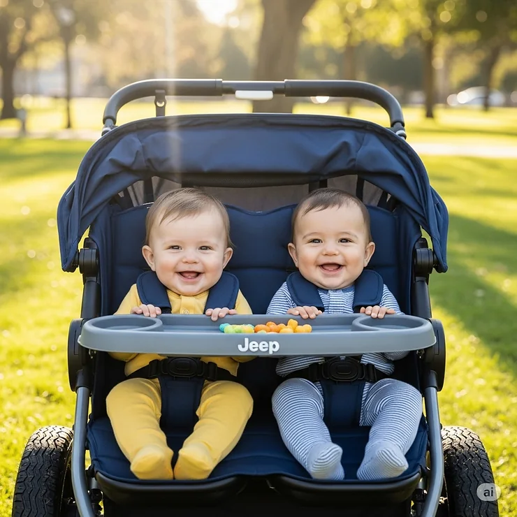Two happy infants sitting side-by-side in a Jeep double stroller, with a small snack tray between them.