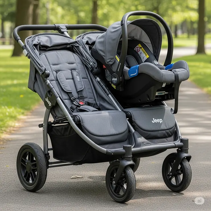 A Jeep double stroller with a compatible infant car seat clicked securely into place, showcasing its versatility for newborns.