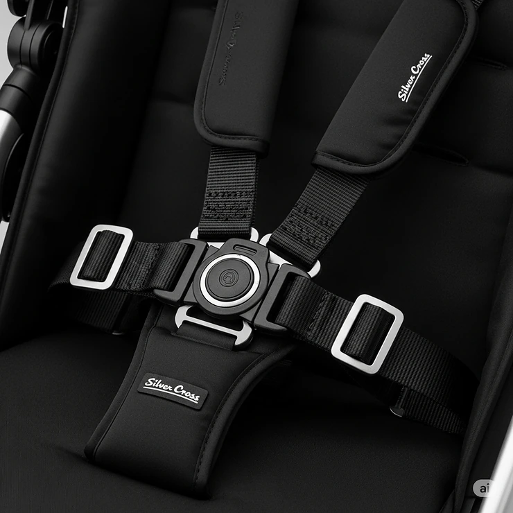 A close-up view of the secure 5-point harness on the Silver Cross Jet, ensuring baby's safety.