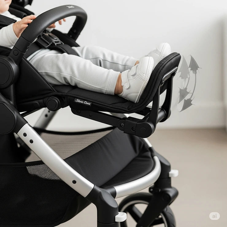 The adjustable calf support on the Silver Cross Jet stroller, providing comfort for growing babies.
