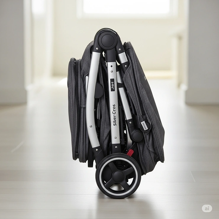 The Silver Cross Jet stroller folded compactly for easy storage and travel.