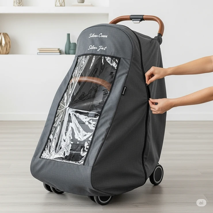 The included protective cover for the Silver Cross Jet stroller, demonstrating how it keeps the buggy clean.