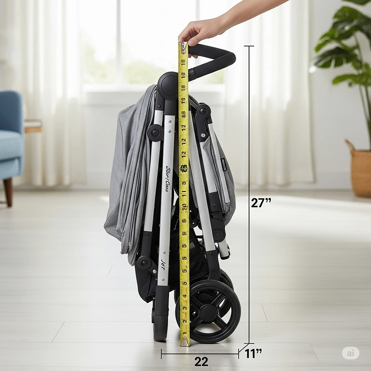 A full-length shot of the Jet Silver Cross travel stroller, highlighting its compact and lightweight design.