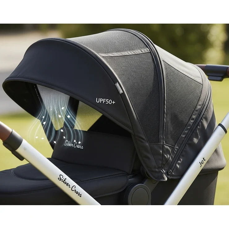 A large, ventilated sun canopy on the Silver Cross Jet, offering UPF50+ protection.