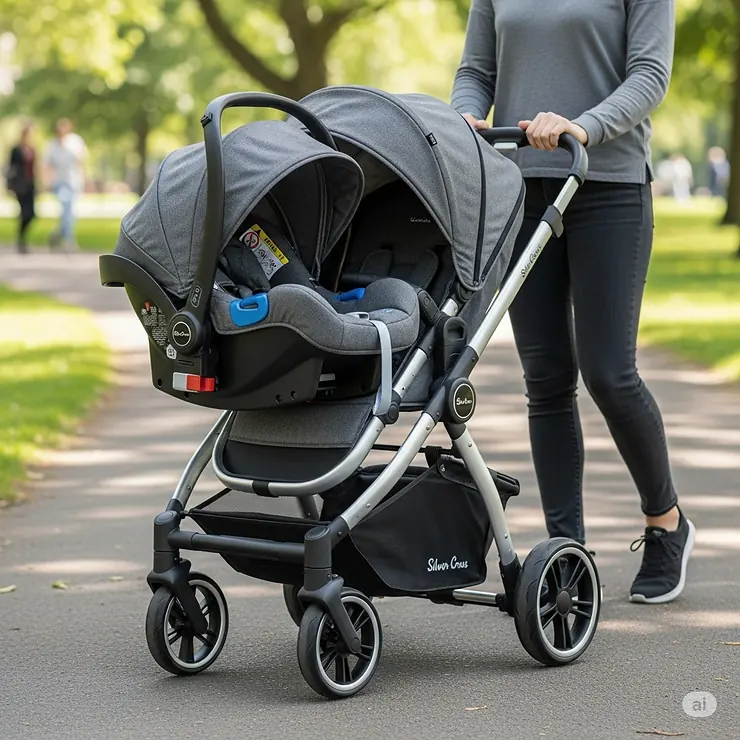 The Silver Cross Jet stroller shown as a complete travel system with a compatible infant car seat attached.