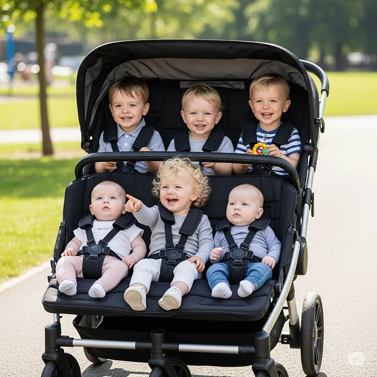 Six happy children, ranging from infants to toddlers, are seated comfortably in a large 6 seater pram, secured with safety harnesses.