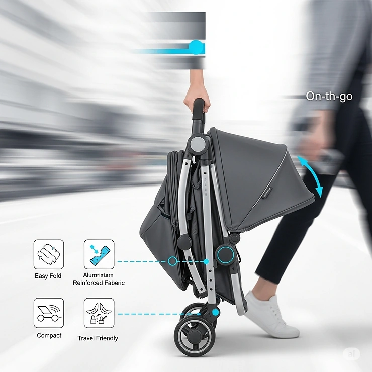 Graphic representation of a modern, lightweight best budget stroller, emphasizing its portability and ease of carrying for parents on the go.