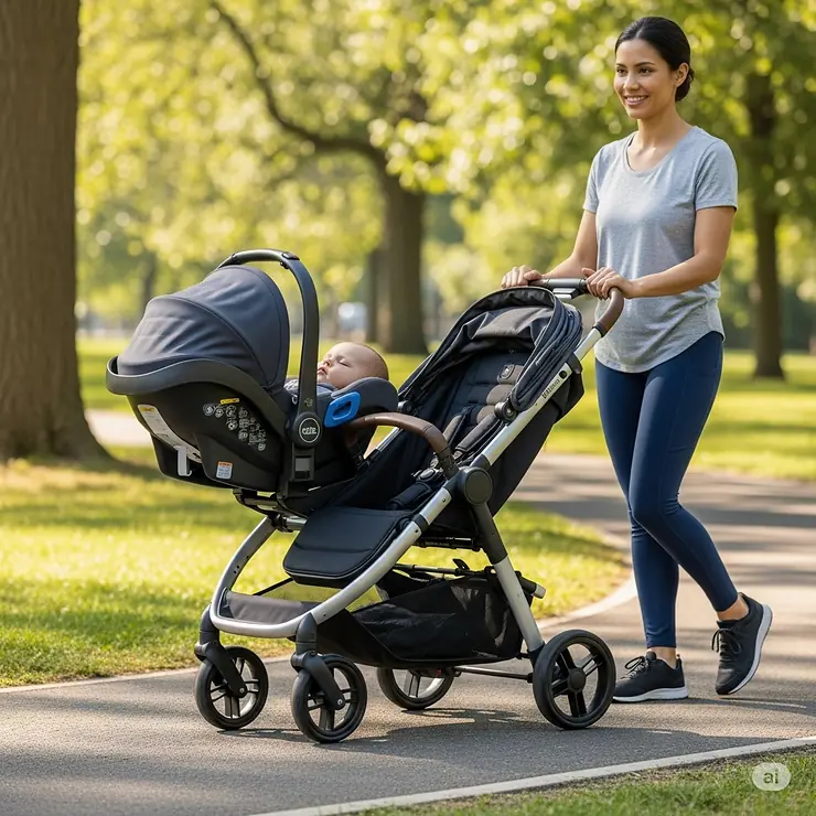 A parent effortlessly pushing a lightweight double stroller with a securely installed infant car seat, highlighting ease of maneuverability.