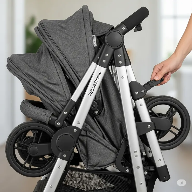 A close-up shot of the lightweight double stroller being folded, showing how it collapses for travel and storage.