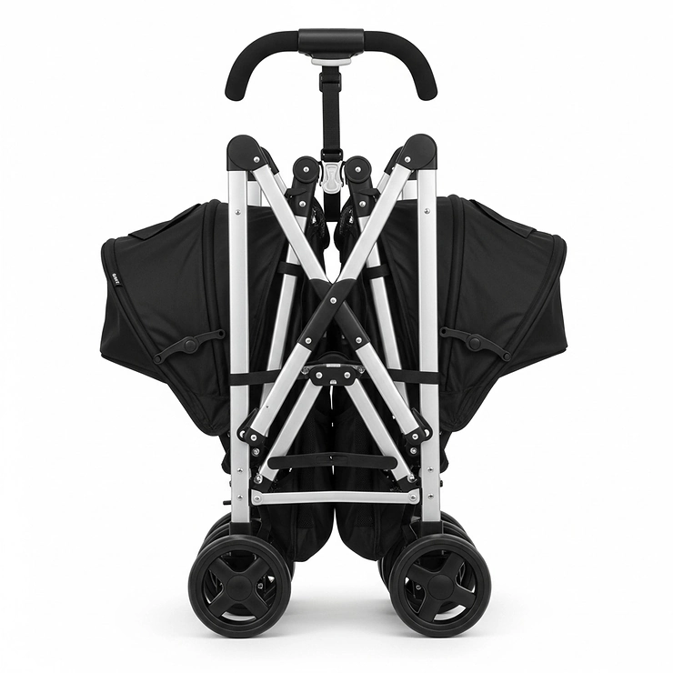 A lightweight, foldable twin stroller that's easy to transport and store.