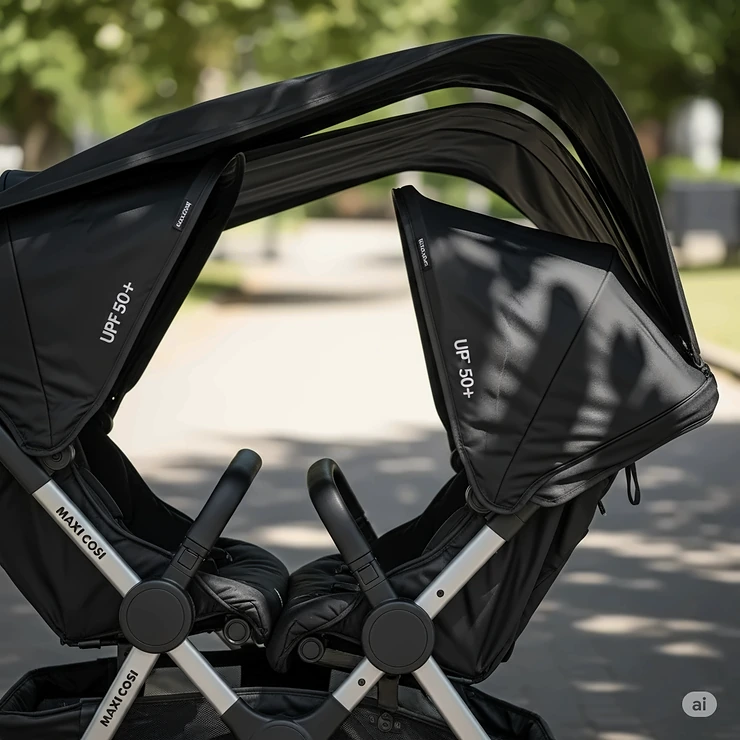 A side view of the extendable sun canopies on the double pushchair, showing how they provide ample UPF 50+ protection for children.