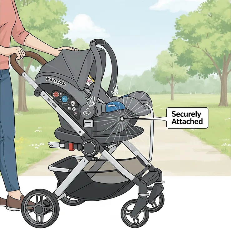 An illustration showing how a Maxi Cosi infant car seat is securely attached to the pushchair frame, making a convenient travel system.