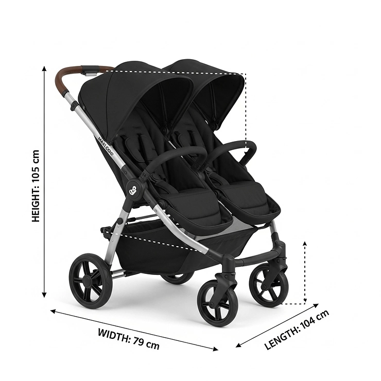 A clear diagram of the Maxi Cosi double pushchair, labeled with its specific height, width, and length dimensions for a buyer's reference.