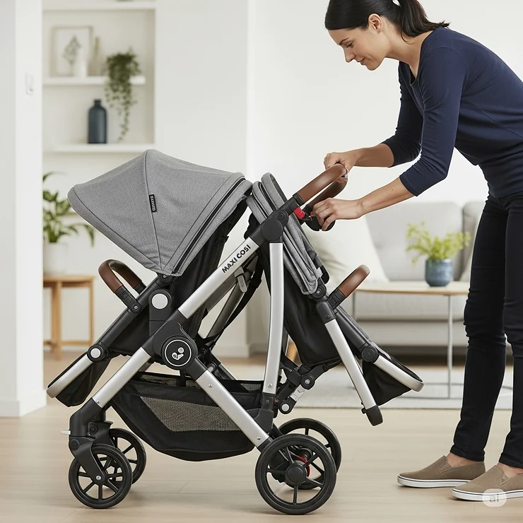 A parent is easily folding the Maxi Cosi double pushchair, demonstrating its compact, space-saving design for storage and travel.