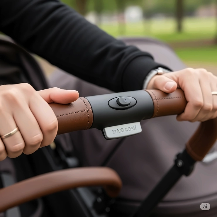 A close-up of the adjustable leatherette handlebar on the Maxi Cosi double pushchair, showing a parent's hands gripping it.