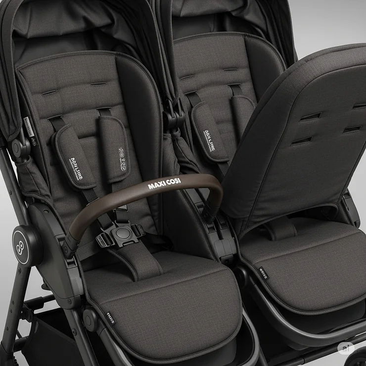 A close-up view of the two independent, reversible seats on the Maxi Cosi double pushchair, showing the adjustable recline and safety harnesses.