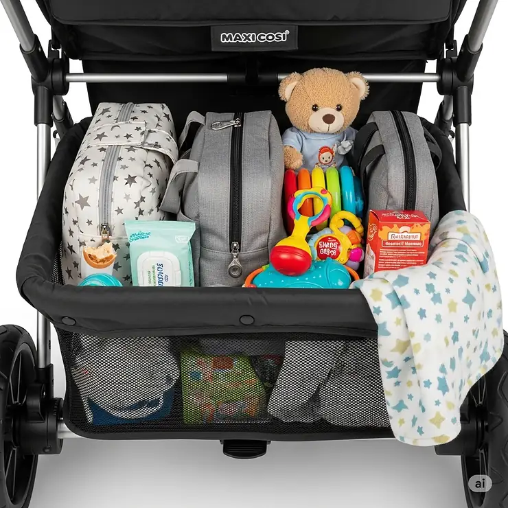 The large, accessible storage basket underneath the Maxi Cosi double pushchair, filled with diaper bags, toys, and other essentials.