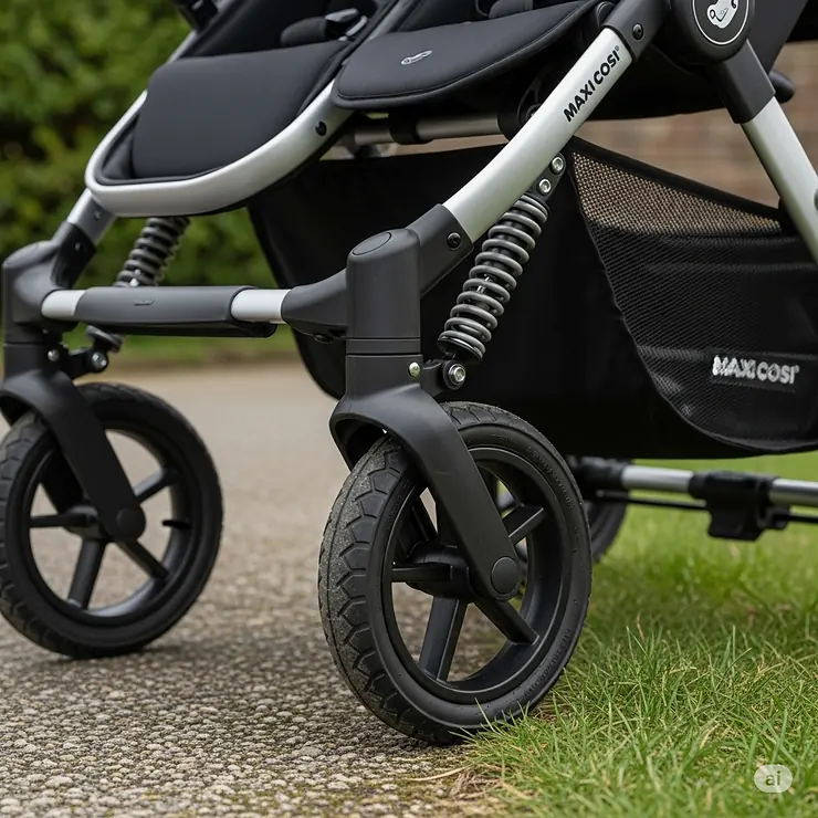 A detailed shot of the durable, all-terrain wheels and suspension system on the double pushchair, highlighting its smooth maneuverability.