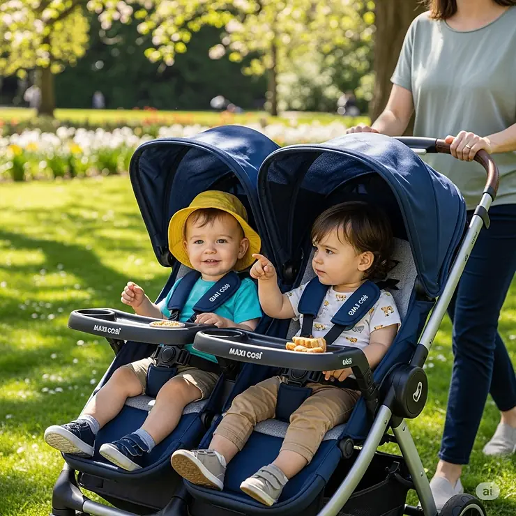 A high-quality, eye-level shot of the Maxi Cosi double pushchair. Two toddlers are comfortably seated in the stroller, which is being pushed by a parent on a sunny day in a park.