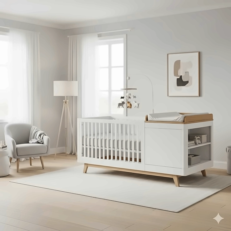 An elegant, minimalist nursery with a white crib and attached changing station as the central piece of furniture.
