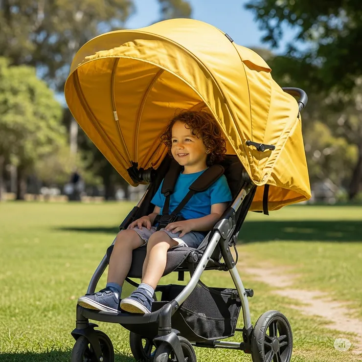 An image of an oversized, extendable canopy providing full sun protection and shade for a big kid in a stroller.