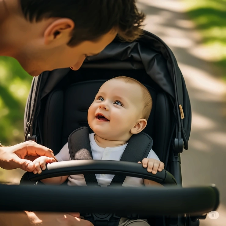A happy infant gazes at their parent from a comfortable parent-facing stroller, highlighting the bonding experience.