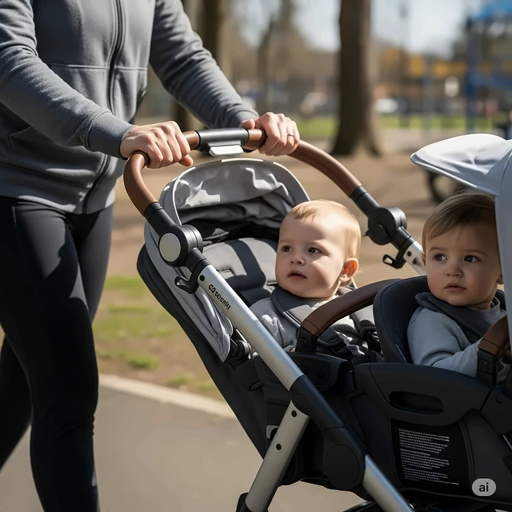 A parent pushing a twin stroller, demonstrating the comfortable handlebar and smooth maneuverability.